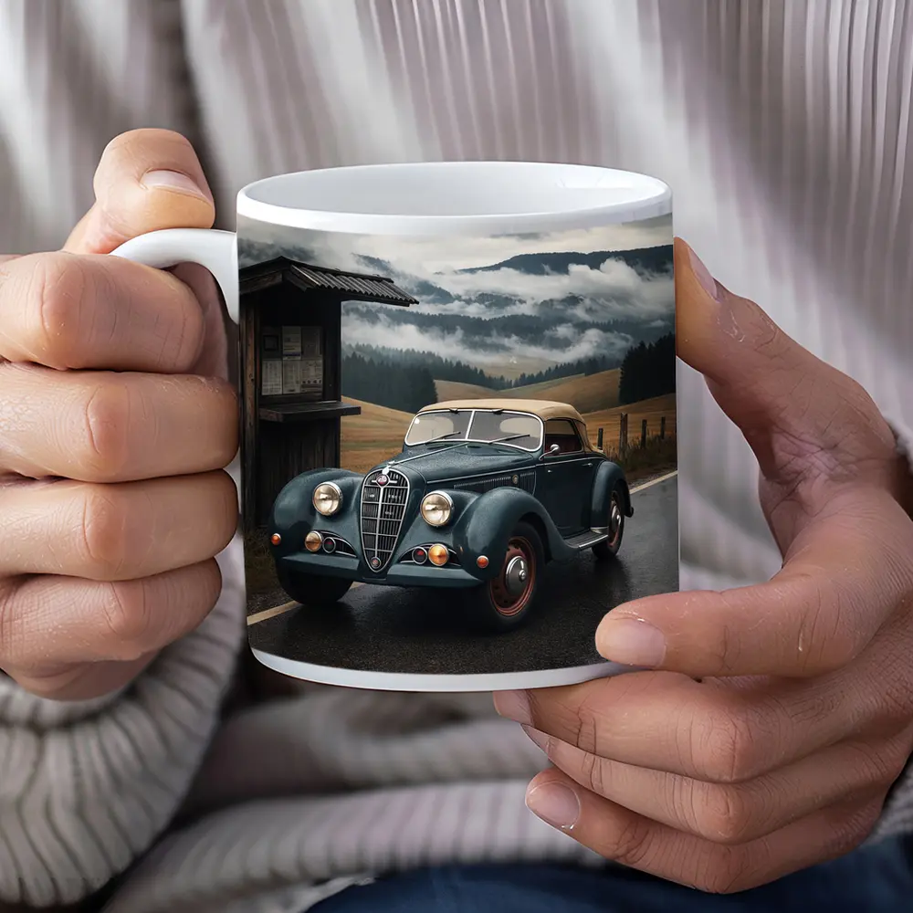 Vintage Alfa Romeo on Rainy Mountain Road – Mugs