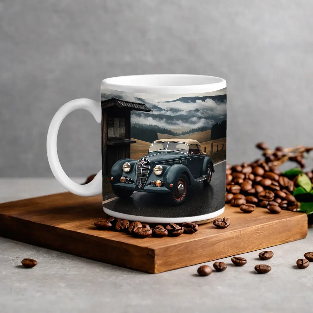 Vintage Alfa Romeo on Rainy Mountain Road – Mugs