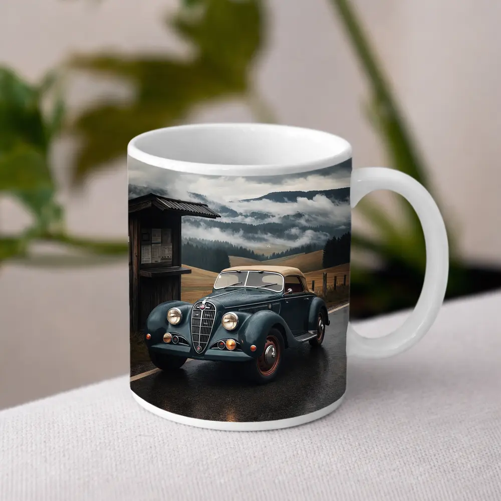 Vintage Alfa Romeo on Rainy Mountain Road – Mugs