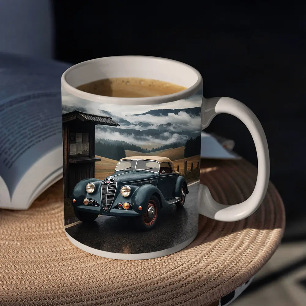 Vintage Alfa Romeo on Rainy Mountain Road – Mugs