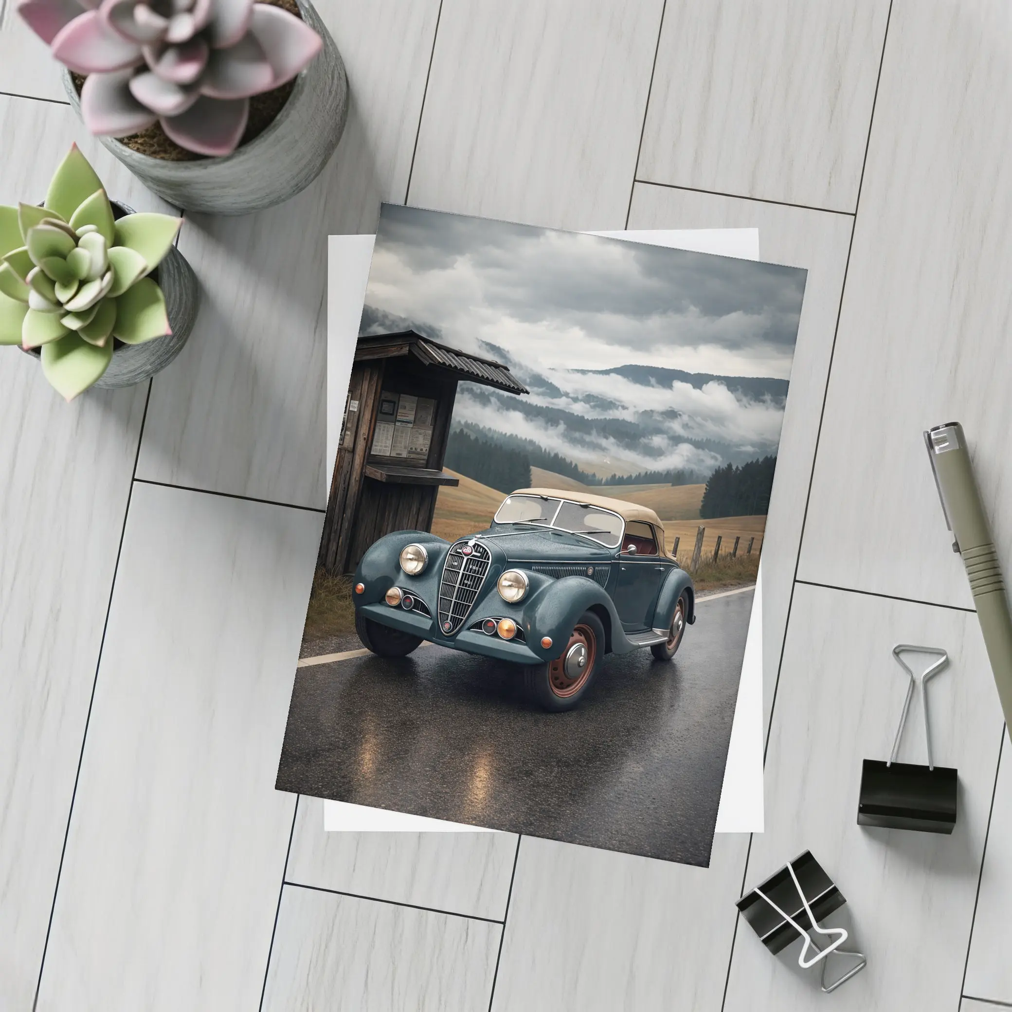 Vintage Alfa Romeo on Rainy Mountain Road – Postcards