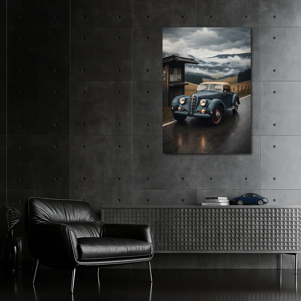 Vintage Alfa Romeo on Rainy Mountain Road – Wall Art