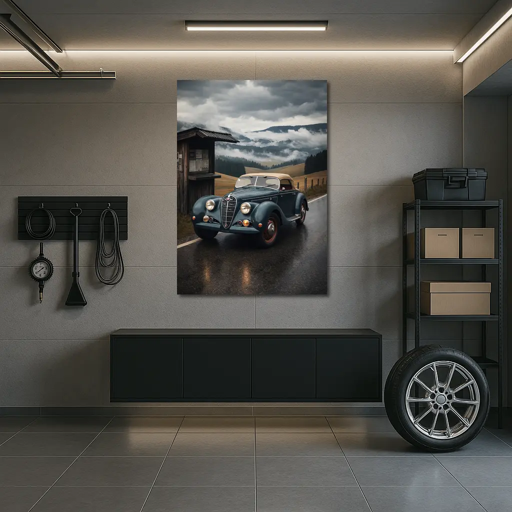 Vintage Alfa Romeo on Rainy Mountain Road – Wall Art