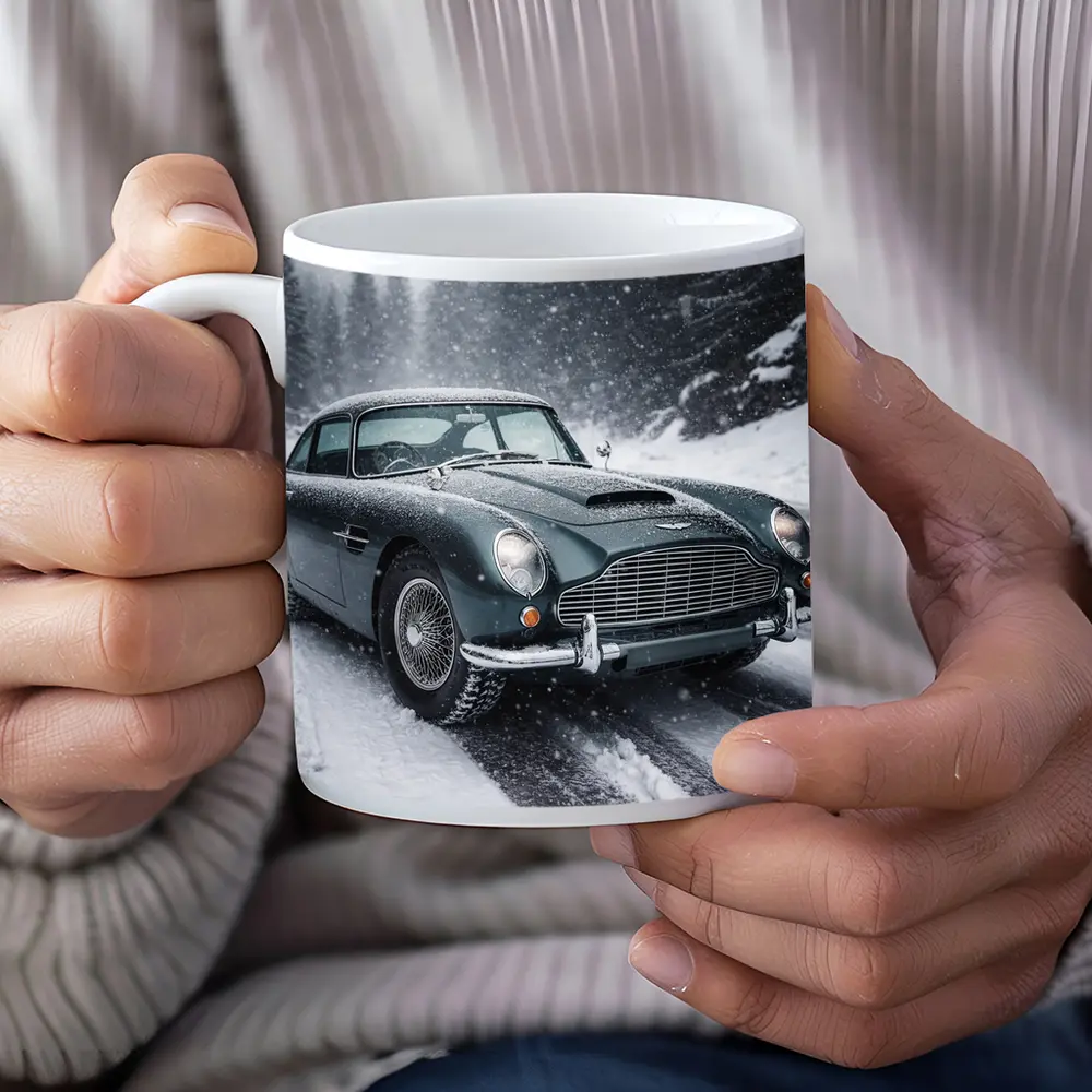Aston Martin DB5 Classic Car Snowy Road – Mugs