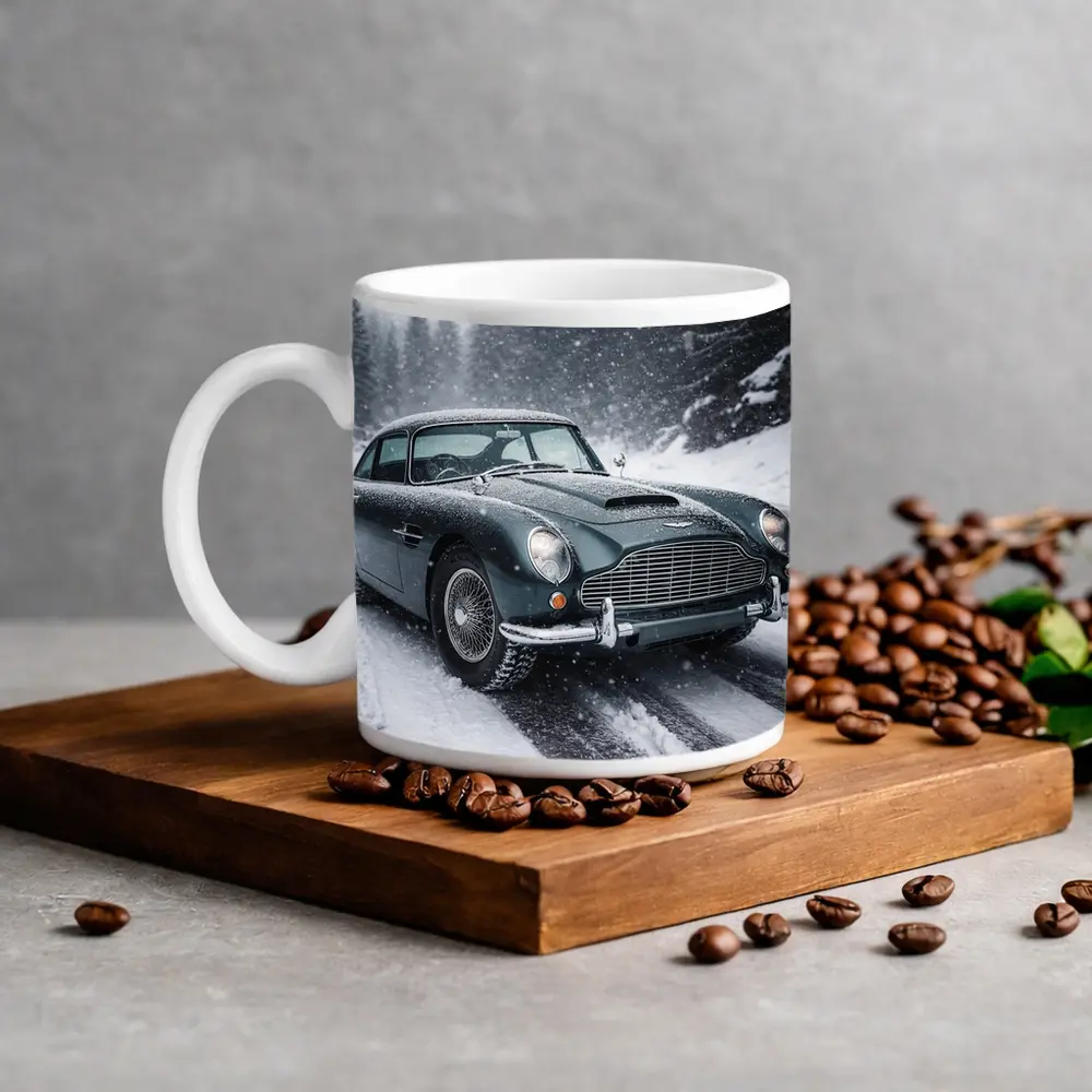 Aston Martin DB5 Classic Car Snowy Road – Mugs