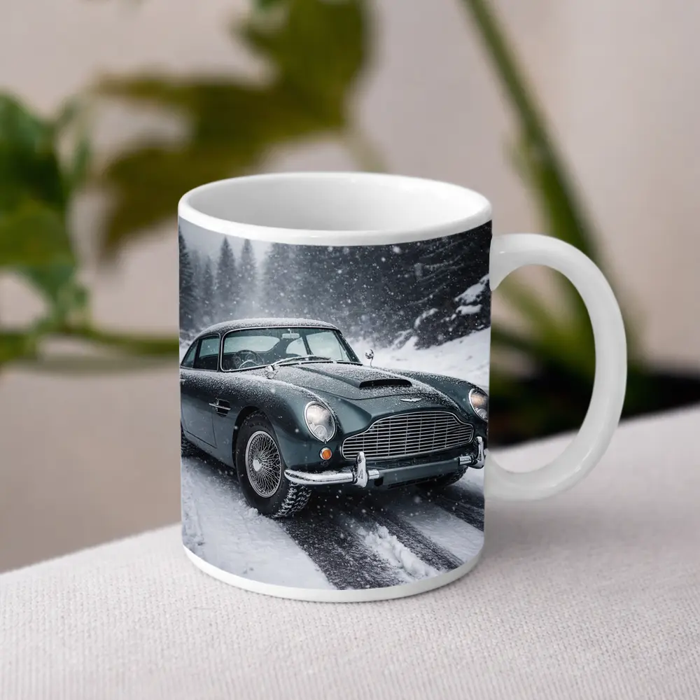 Aston Martin DB5 Classic Car Snowy Road – Mugs