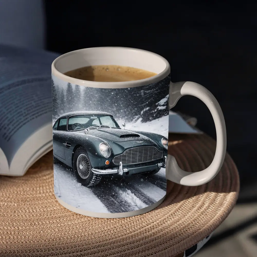Aston Martin DB5 Classic Car Snowy Road – Mugs