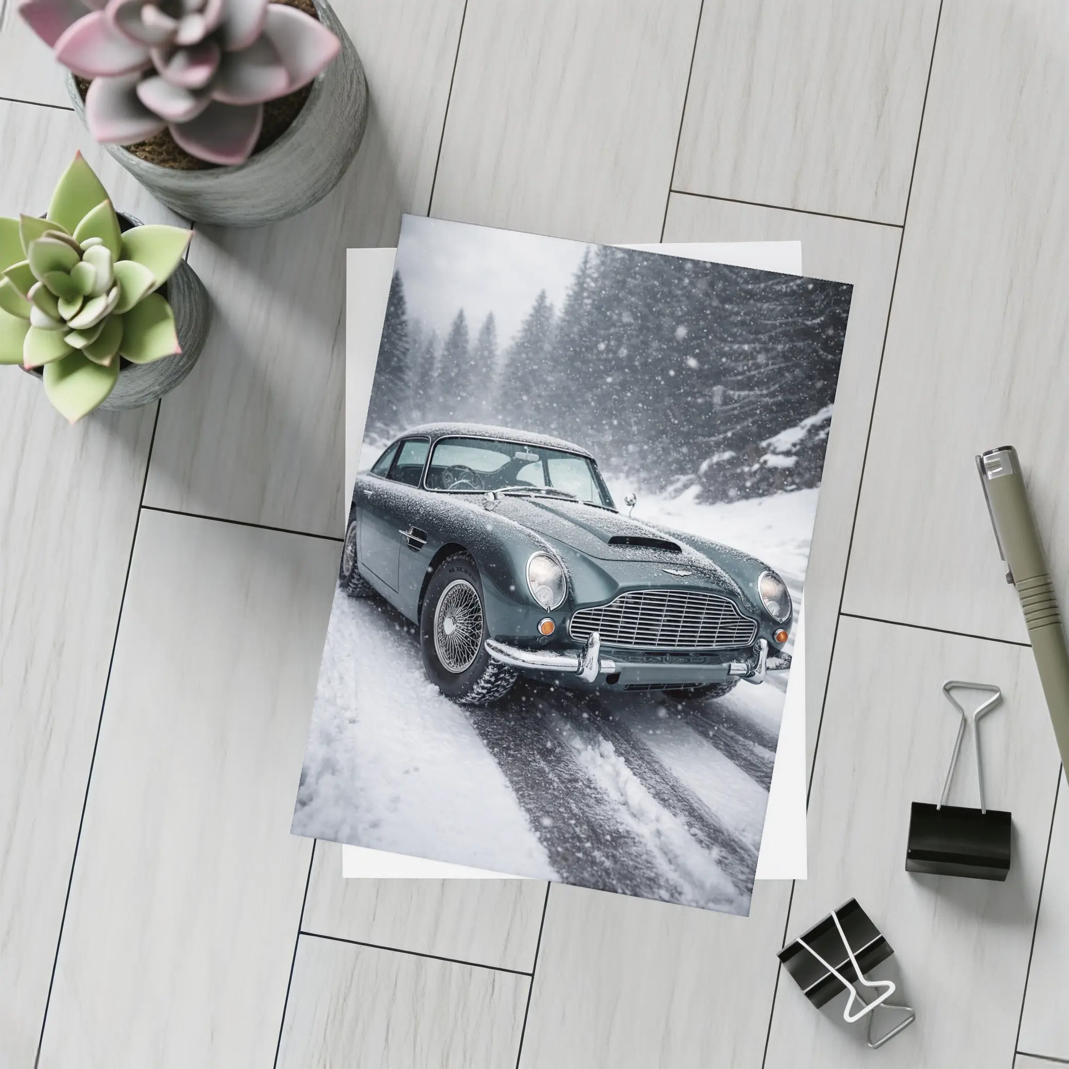Aston Martin DB5 Classic Car Snowy Road – Postcards
