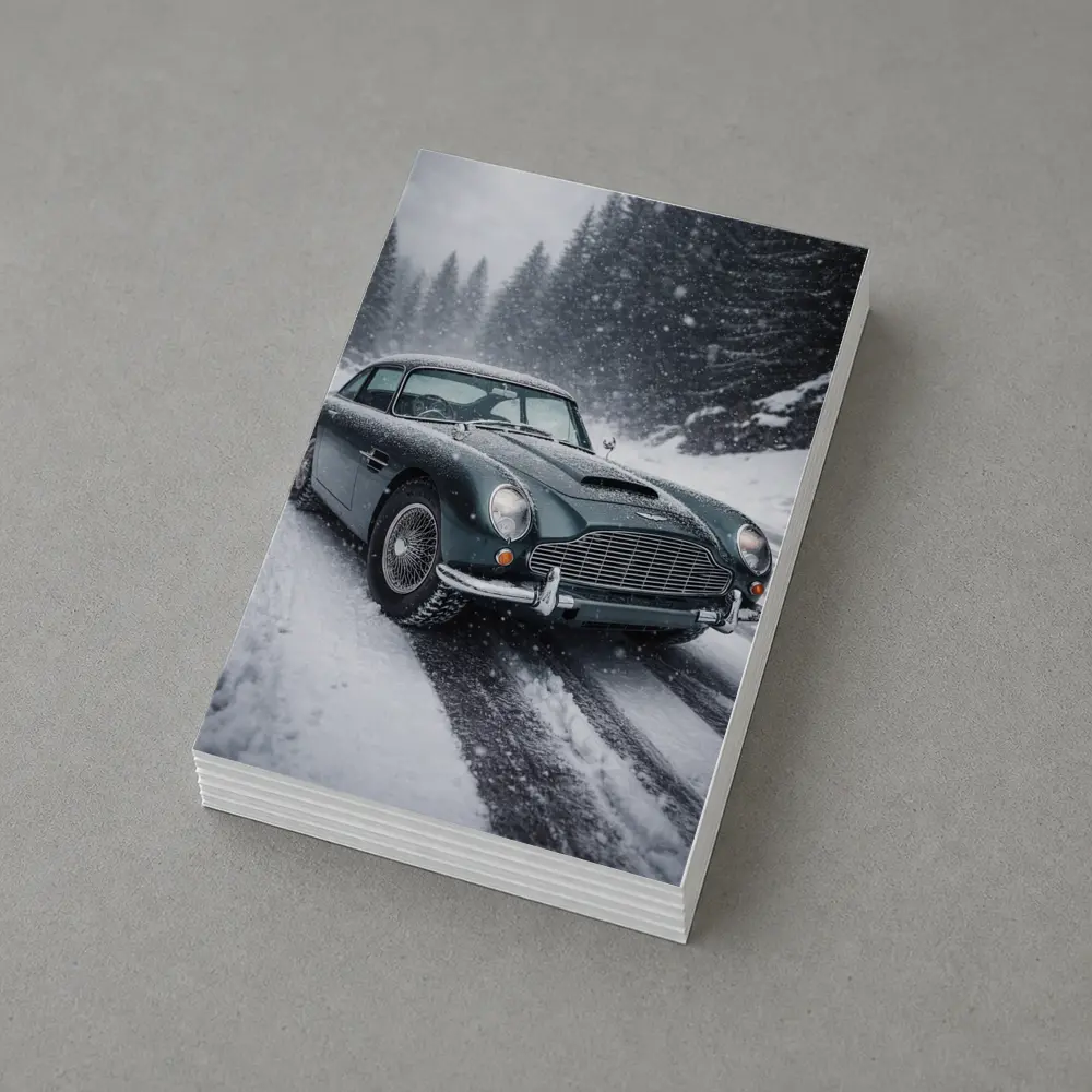 Aston Martin DB5 Classic Car Snowy Road – Postcards