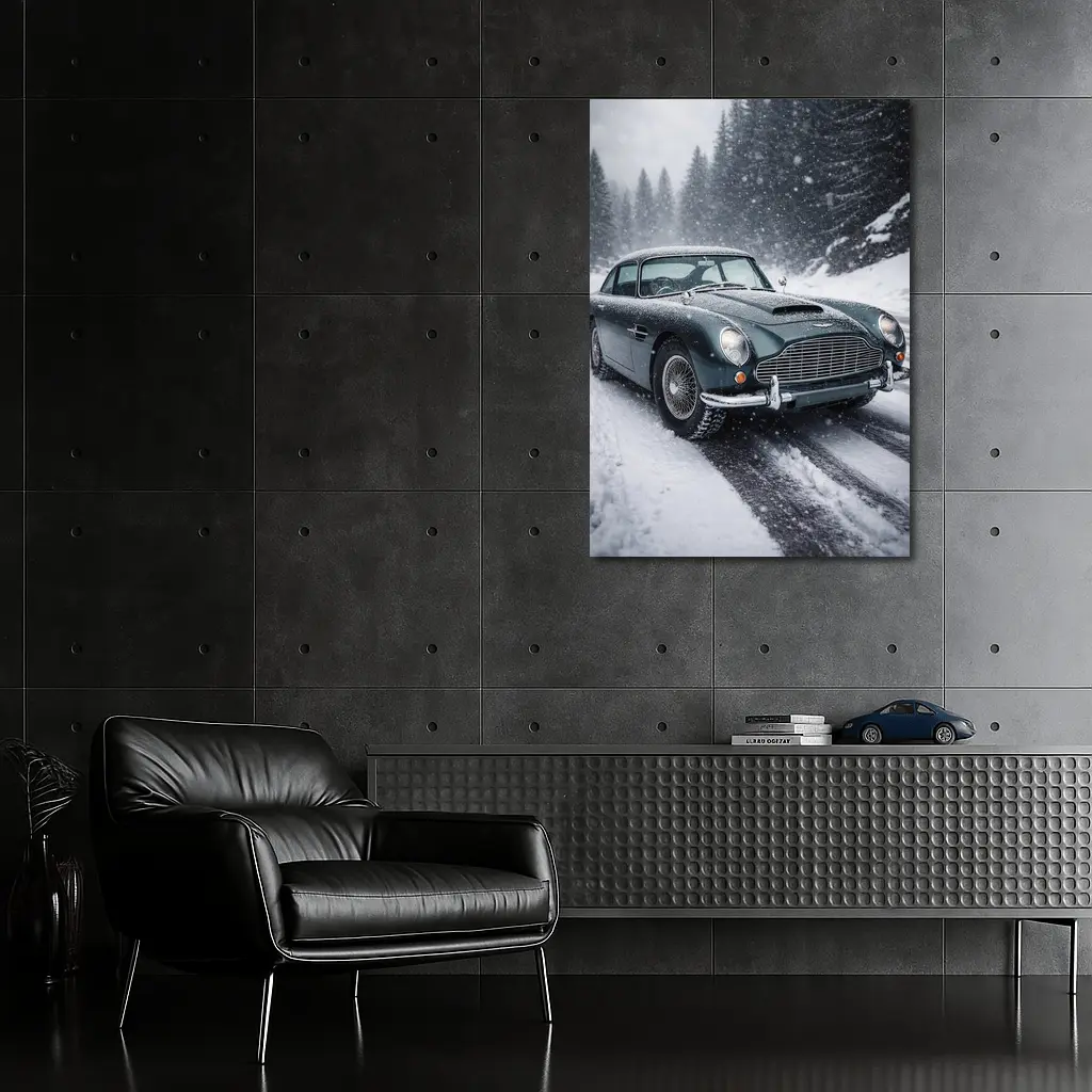 Aston Martin DB5 Classic Car Snowy Road – Wall Art