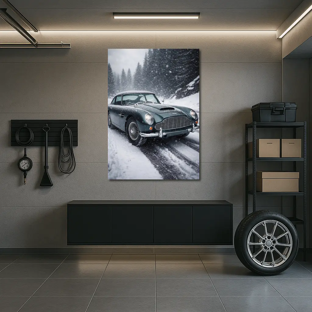Aston Martin DB5 Classic Car Snowy Road – Wall Art
