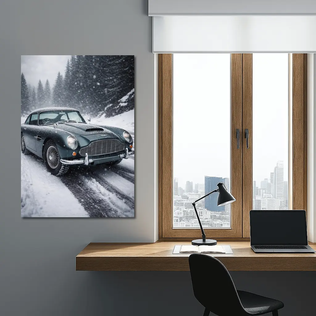 Aston Martin DB5 Classic Car Snowy Road – Wall Art