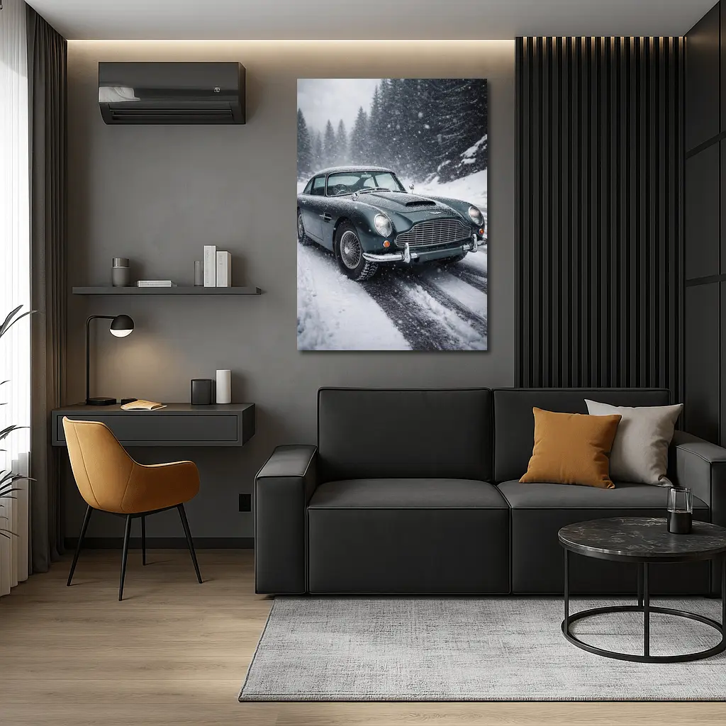 Aston Martin DB5 Classic Car Snowy Road – Wall Art