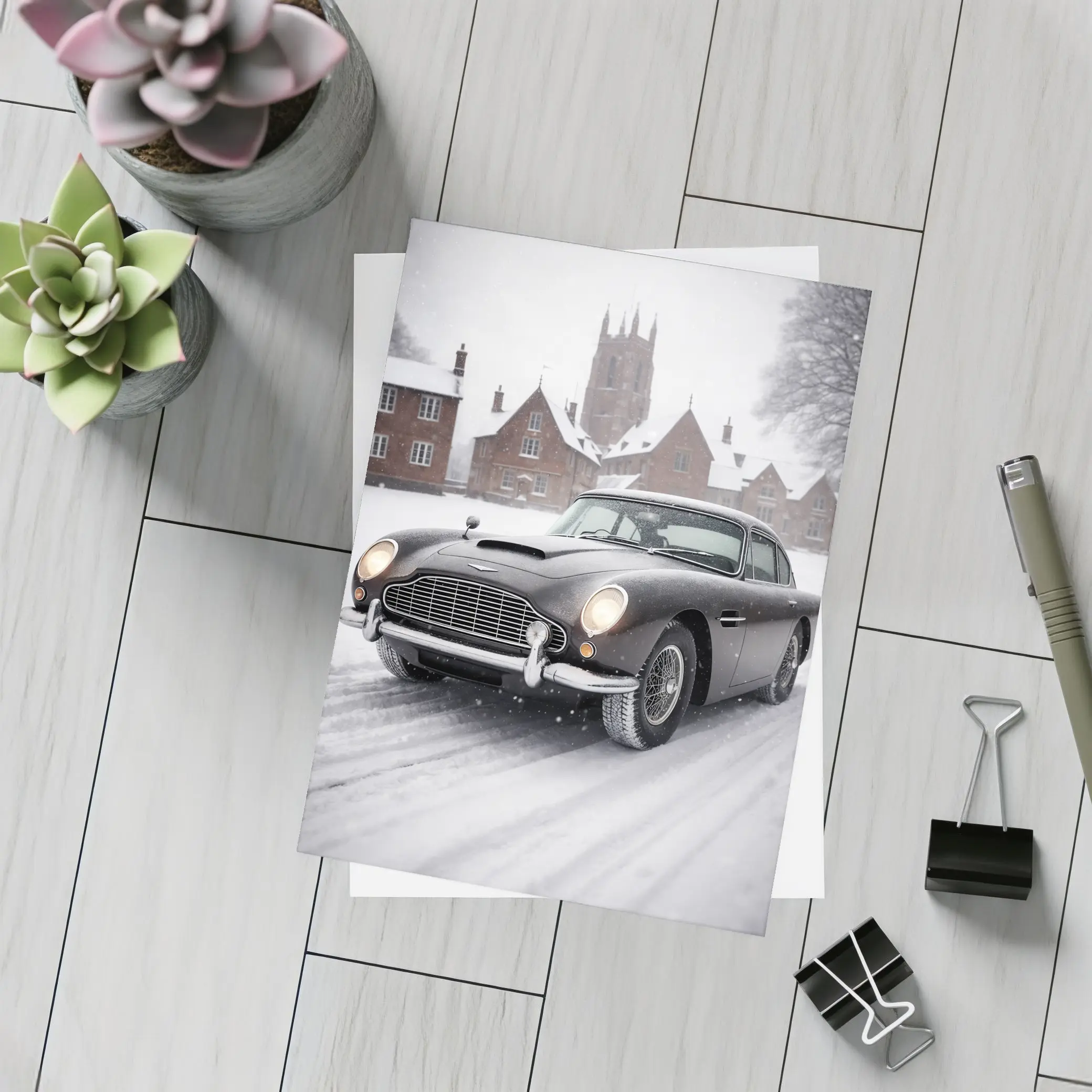 Aston Martin DB5 Classic Car Snowy Estate – Postcards