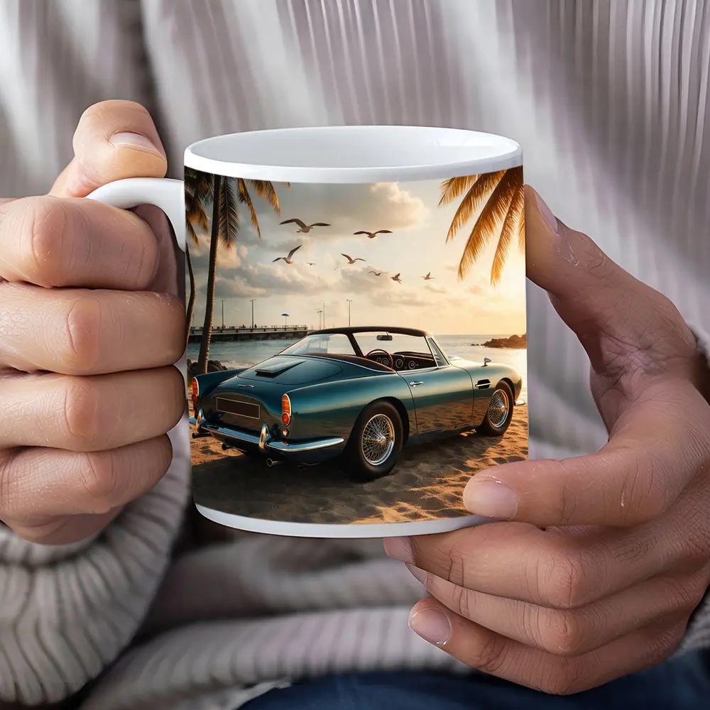 Aston Martin DB5 Classic Car Beach Sunset – Mugs