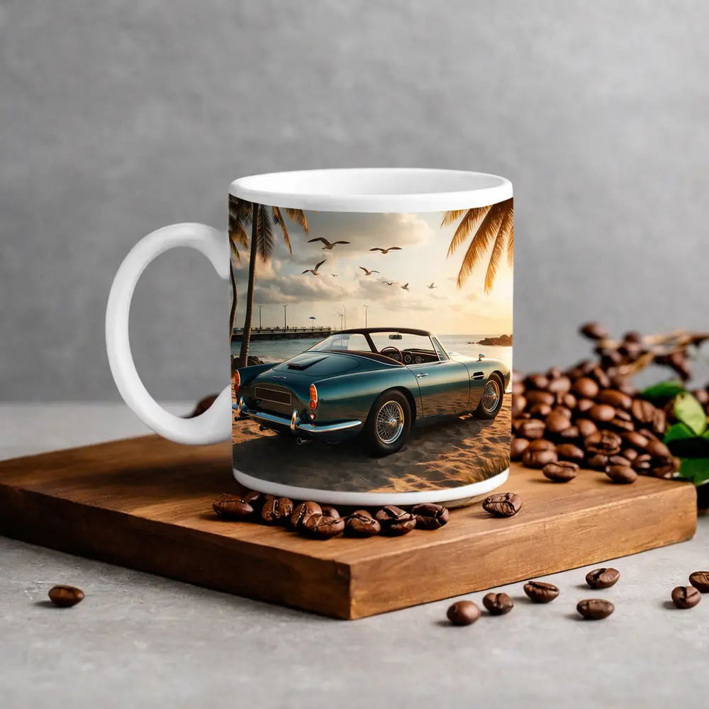Aston Martin DB5 Classic Car Beach Sunset – Mugs