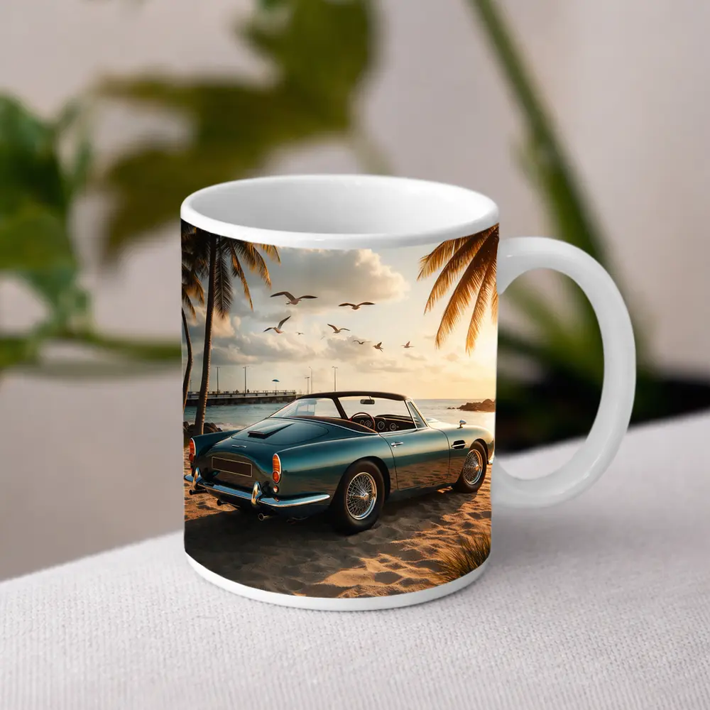 Aston Martin DB5 Classic Car Beach Sunset – Mugs