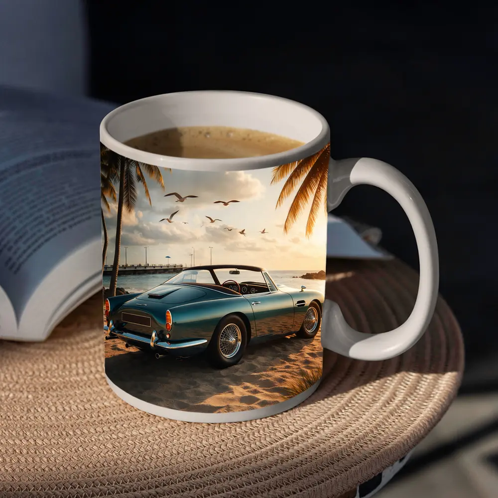 Aston Martin DB5 Classic Car Beach Sunset – Mugs