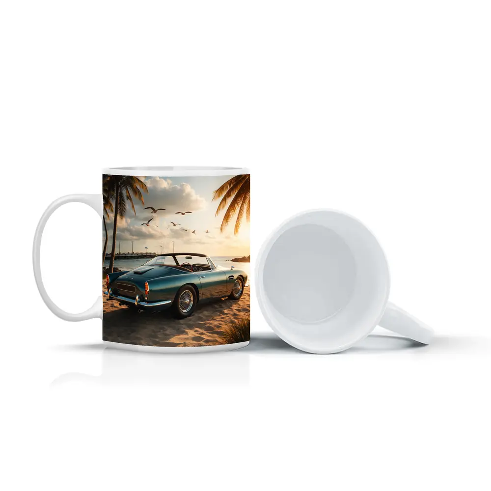 Aston Martin DB5 Classic Car Beach Sunset – Mugs