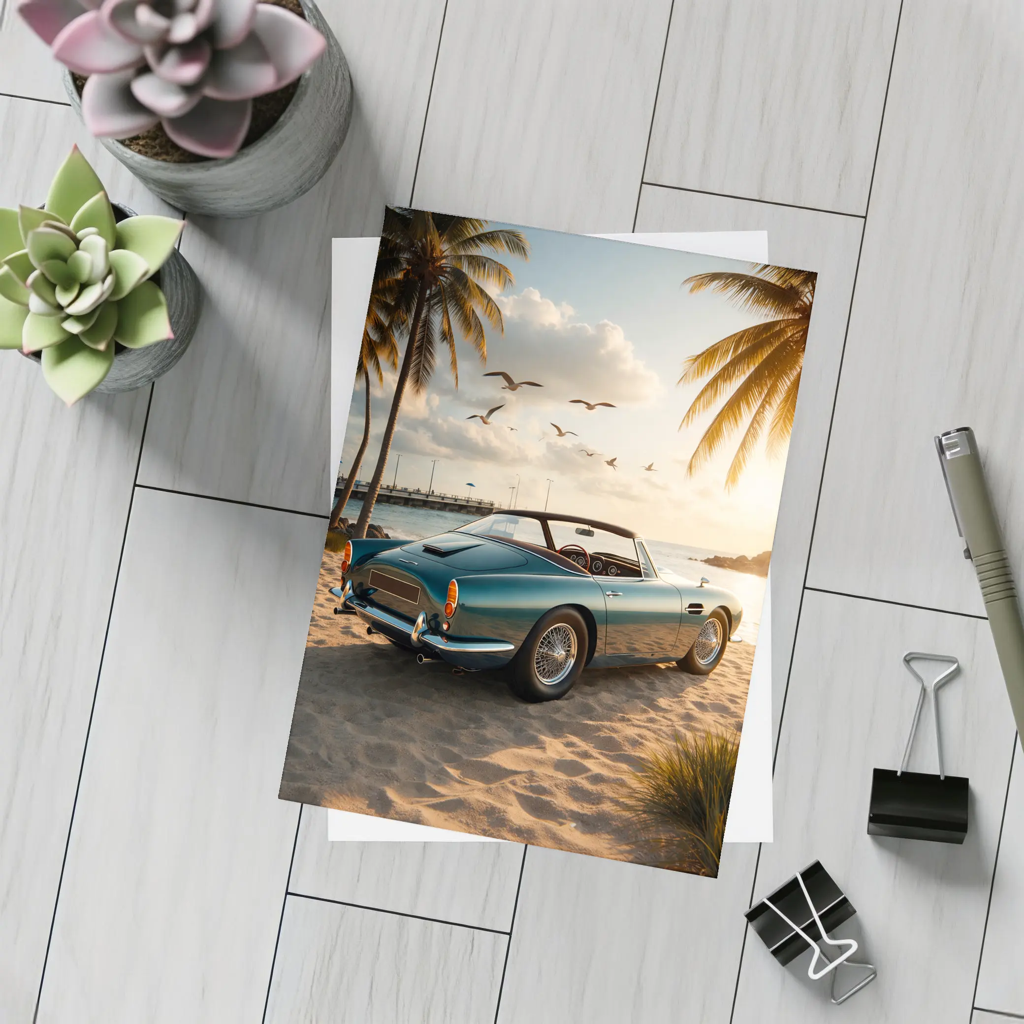 Aston Martin DB5 Classic Car Beach Sunset – Postcards