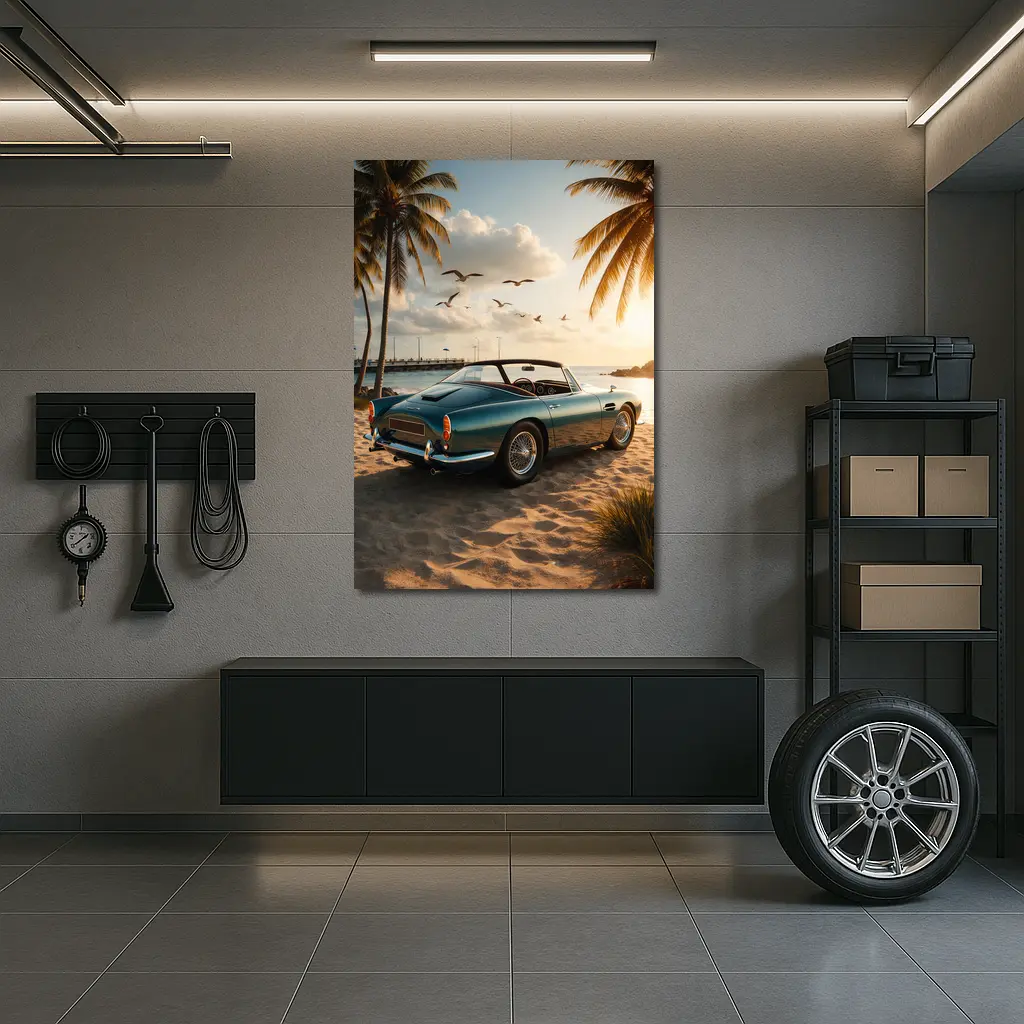 Aston Martin DB5 Classic Car Beach Sunset – Wall Art