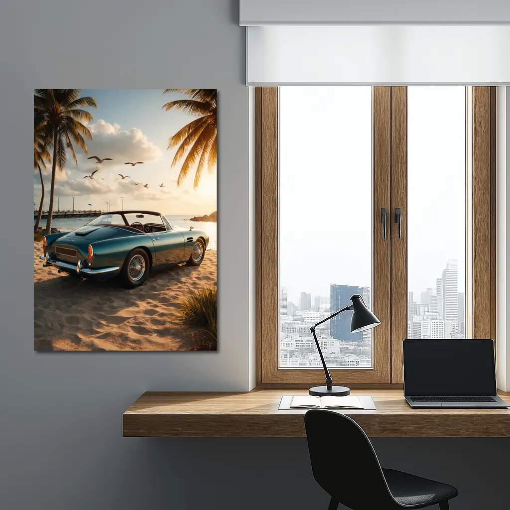 Aston Martin DB5 Classic Car Beach Sunset – Wall Art