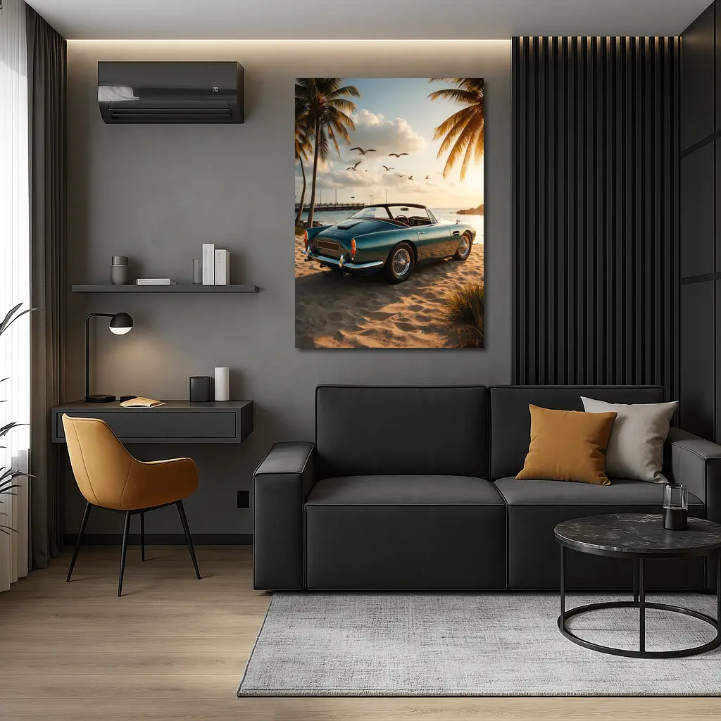 Aston Martin DB5 Classic Car Beach Sunset – Wall Art