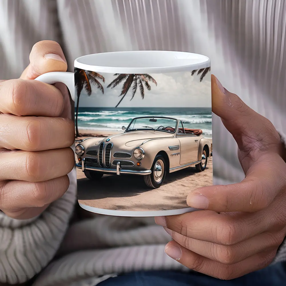 Vintage BMW Convertible Parked on Tropical Beach – Mugs