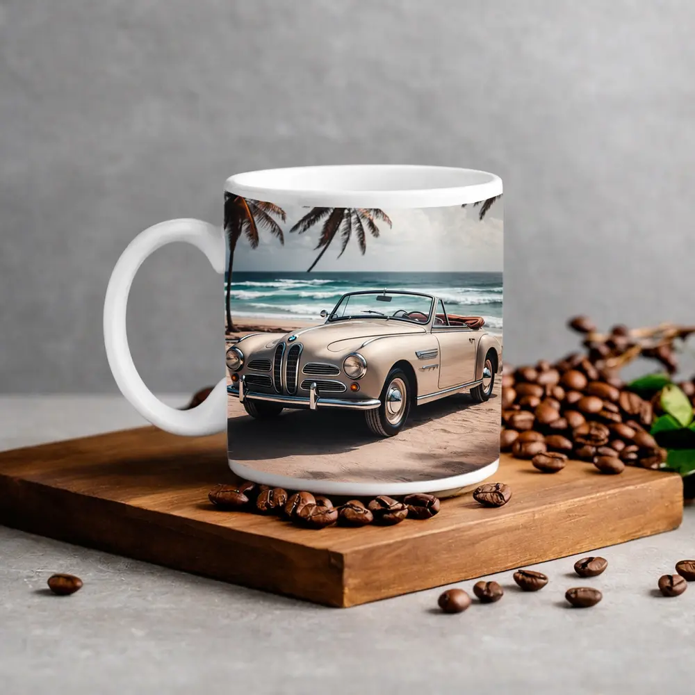 Vintage BMW Convertible Parked on Tropical Beach – Mugs