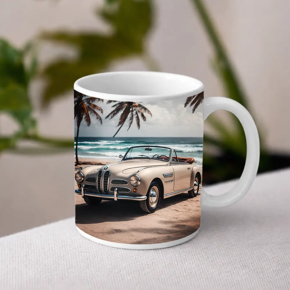 Vintage BMW Convertible Parked on Tropical Beach – Mugs
