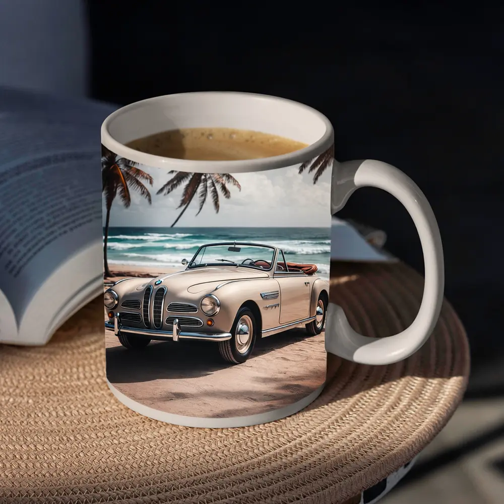 Vintage BMW Convertible Parked on Tropical Beach – Mugs