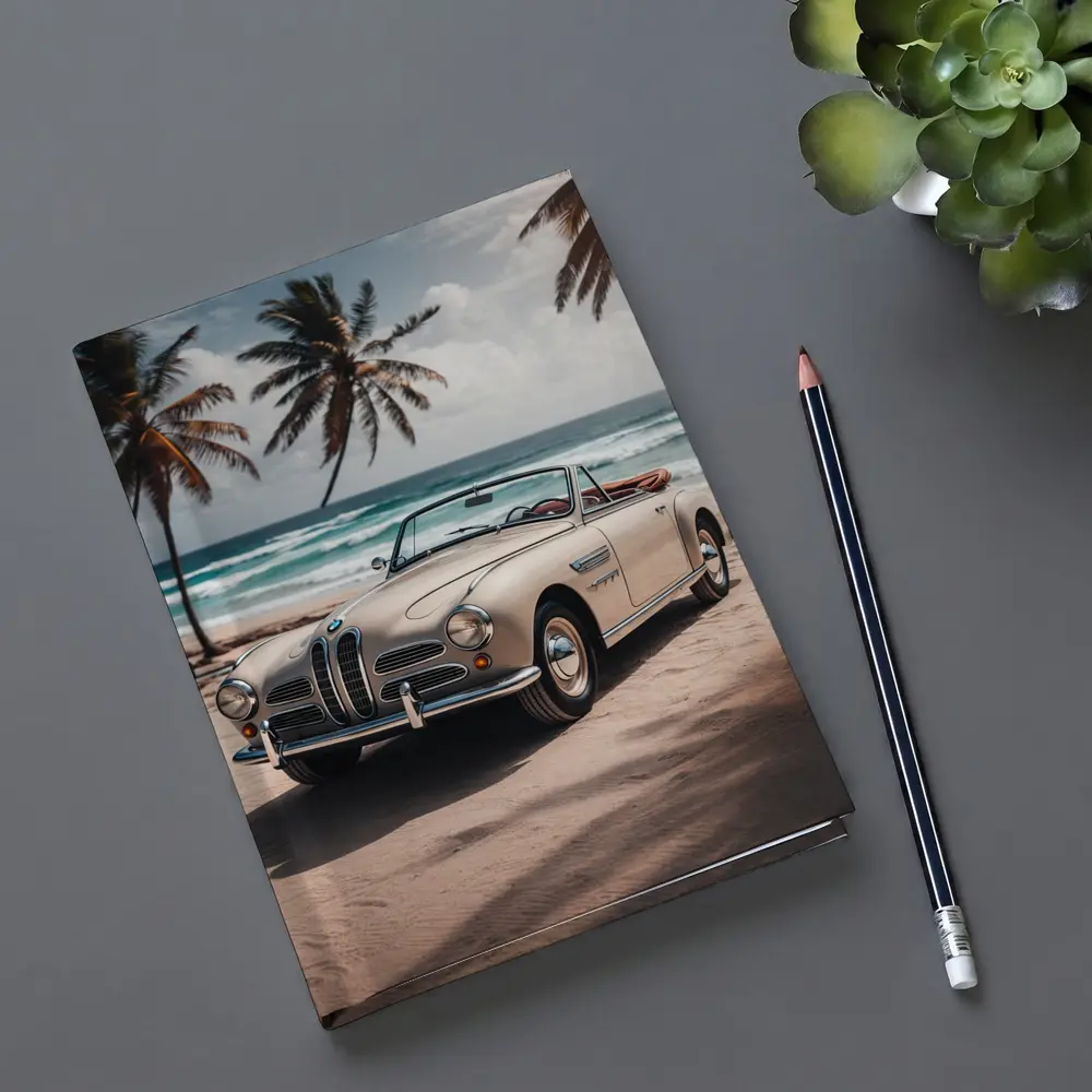 Vintage BMW Convertible Parked on Tropical Beach – Notebooks