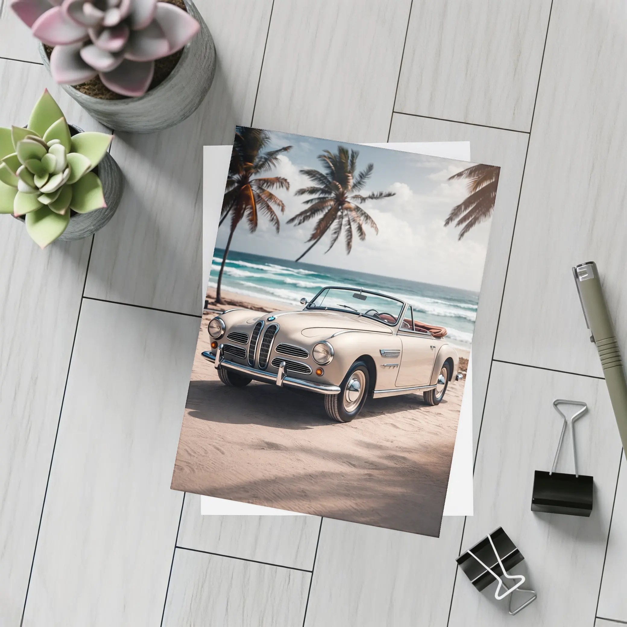 Vintage BMW Convertible Parked on Tropical Beach – Postcards