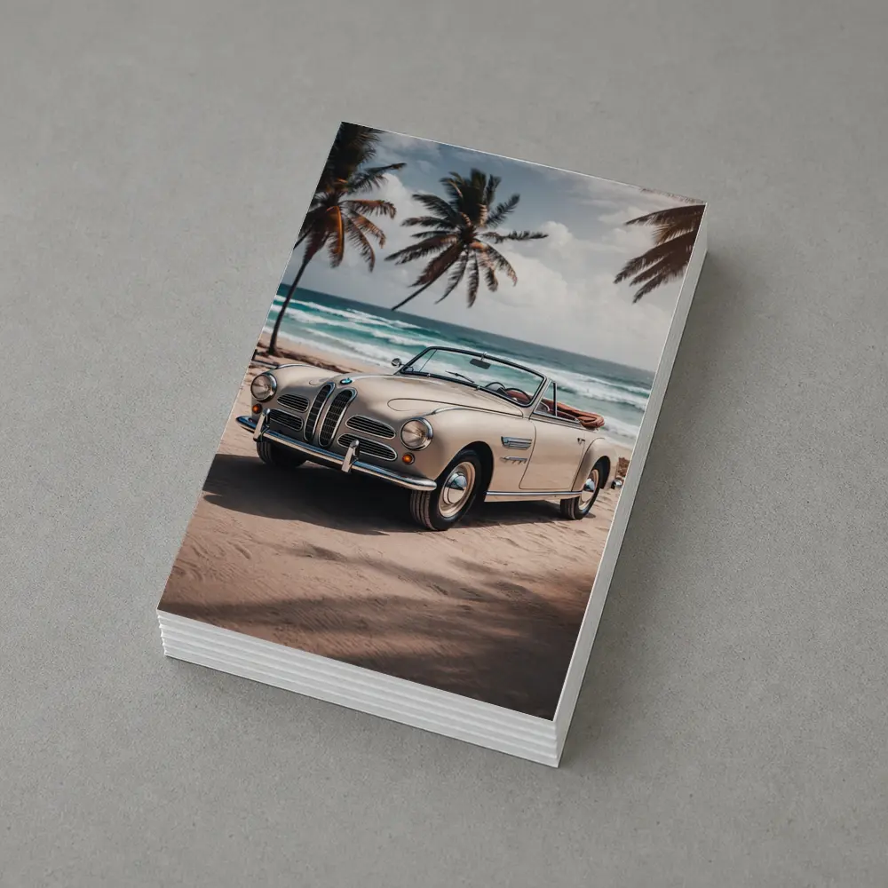 Vintage BMW Convertible Parked on Tropical Beach – Postcards