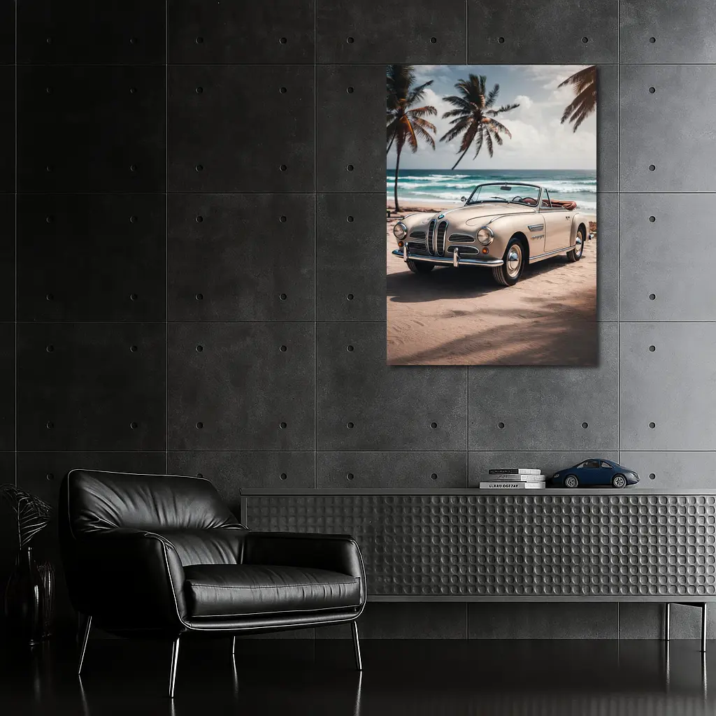 Vintage BMW Convertible Parked on Tropical Beach – Wall Art