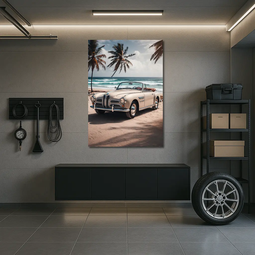 Vintage BMW Convertible Parked on Tropical Beach – Wall Art