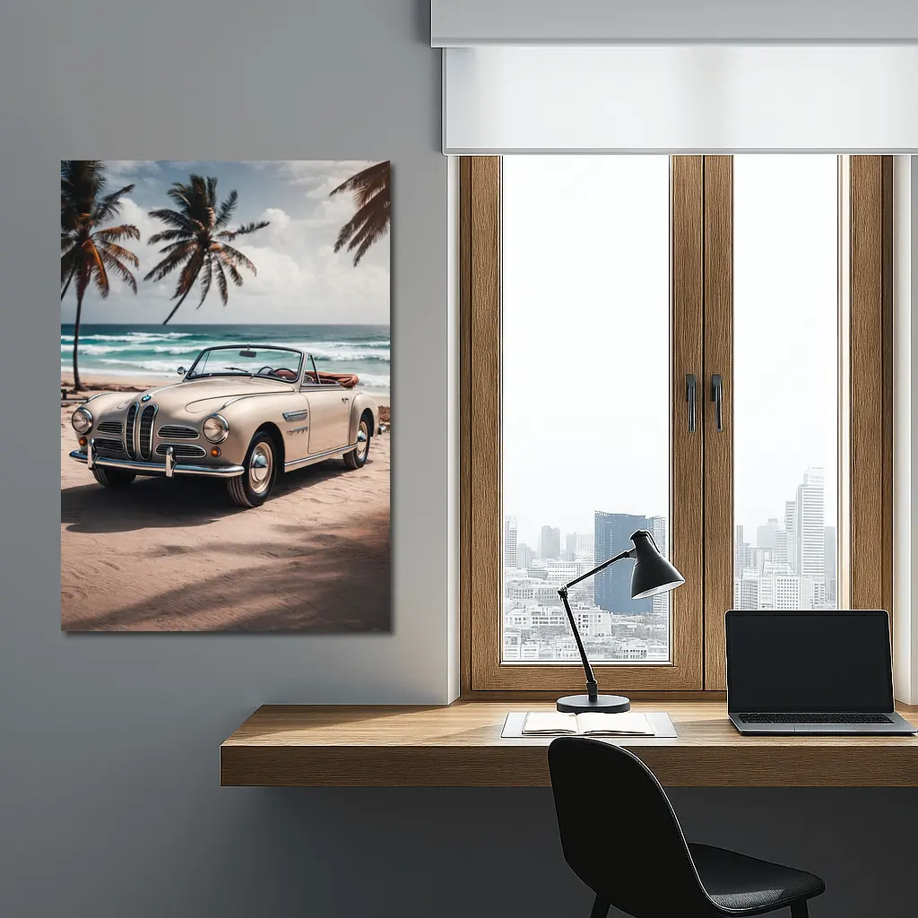 Vintage BMW Convertible Parked on Tropical Beach – Wall Art