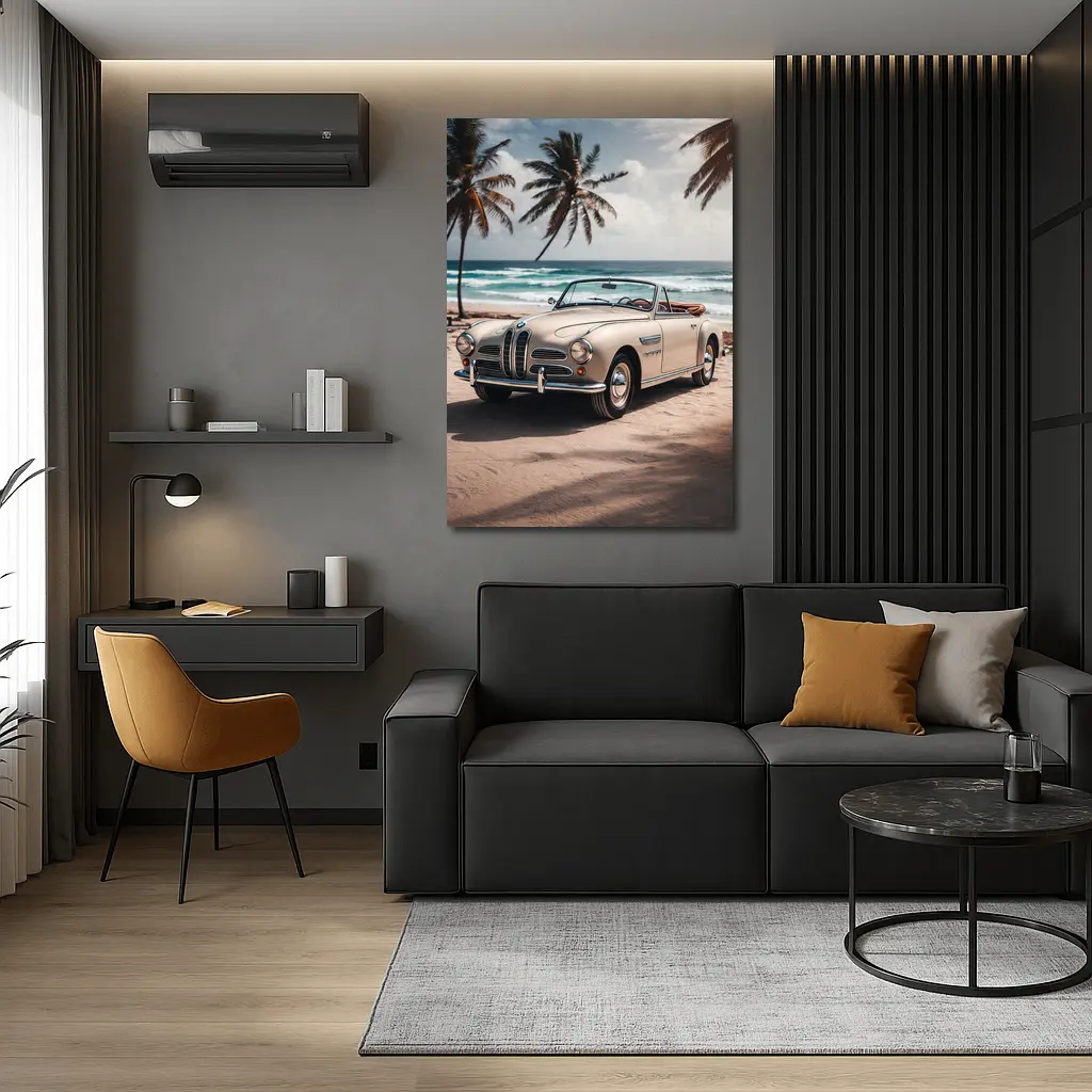 Vintage BMW Convertible Parked on Tropical Beach – Wall Art