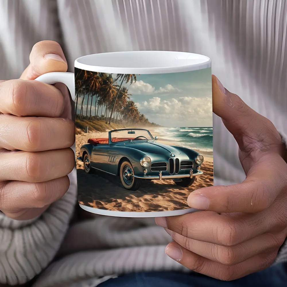 Vintage BMW Convertible Parked On Sandy Beach – Mugs