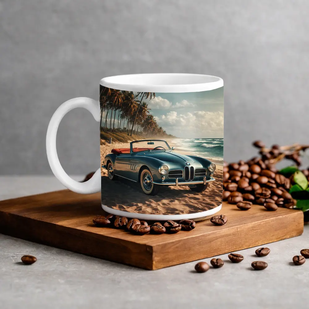 Vintage BMW Convertible Parked On Sandy Beach – Mugs