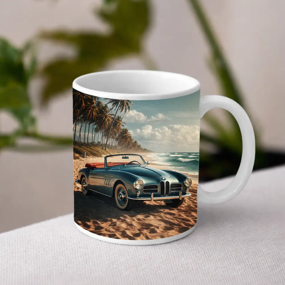 Vintage BMW Convertible Parked On Sandy Beach – Mugs