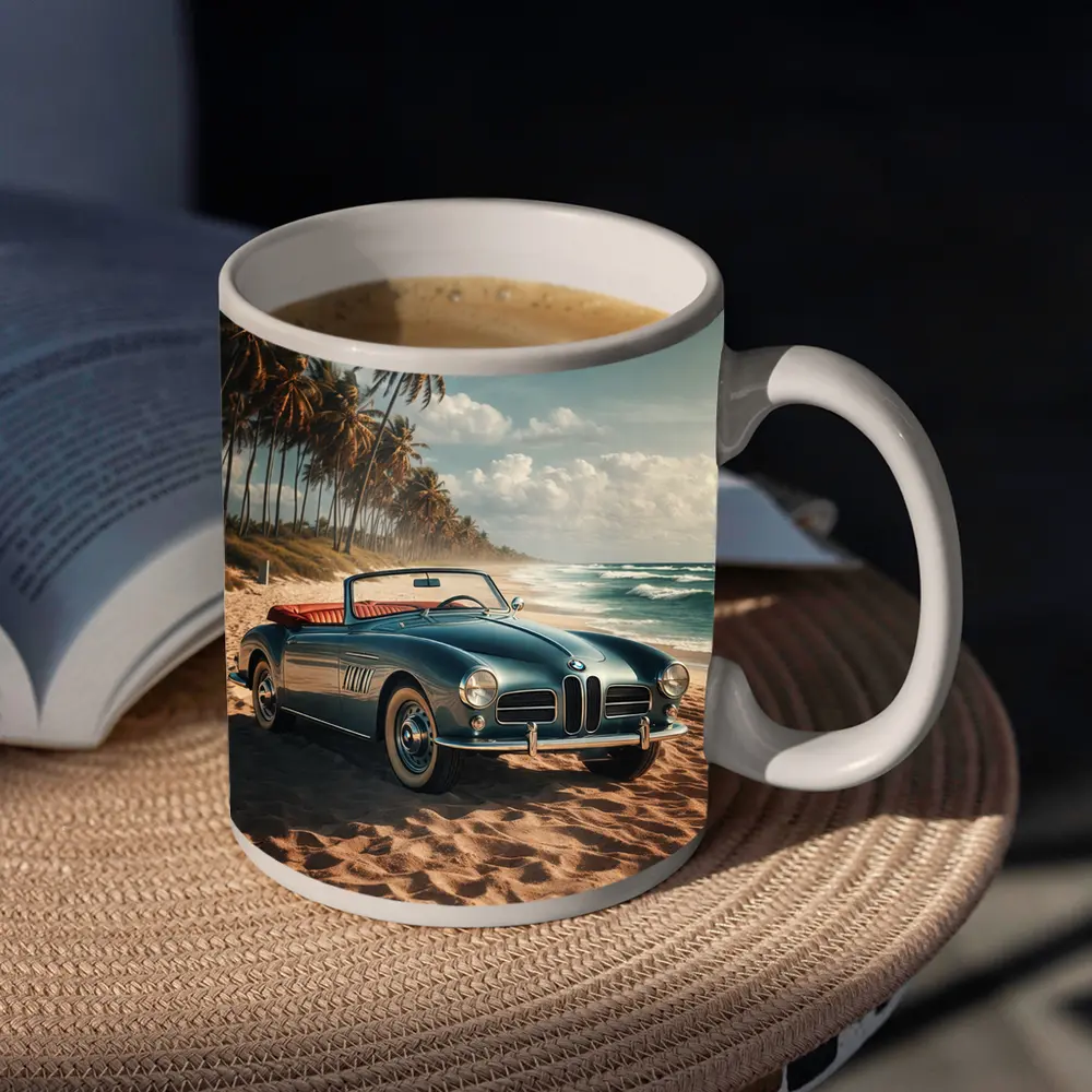 Vintage BMW Convertible Parked On Sandy Beach – Mugs