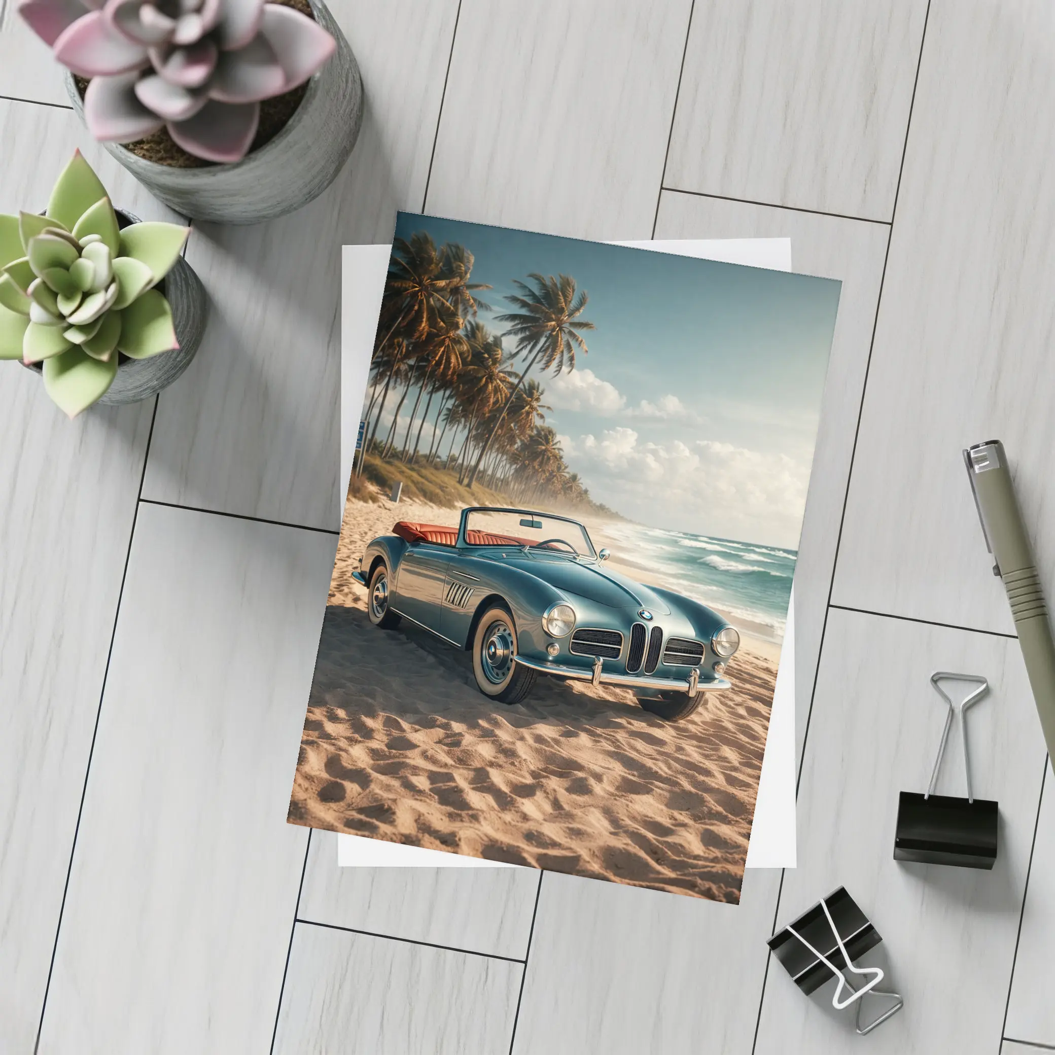 Vintage BMW Convertible Parked On Sandy Beach – Postcards