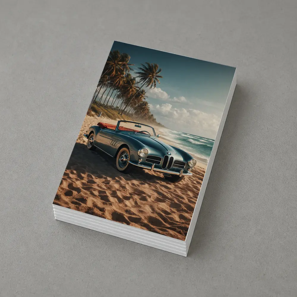 Vintage BMW Convertible Parked On Sandy Beach – Postcards