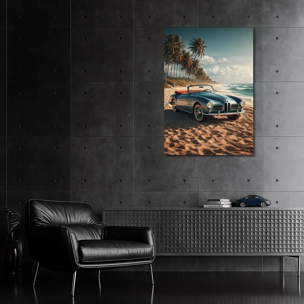 Vintage BMW Convertible Parked On Sandy Beach – Wall Art