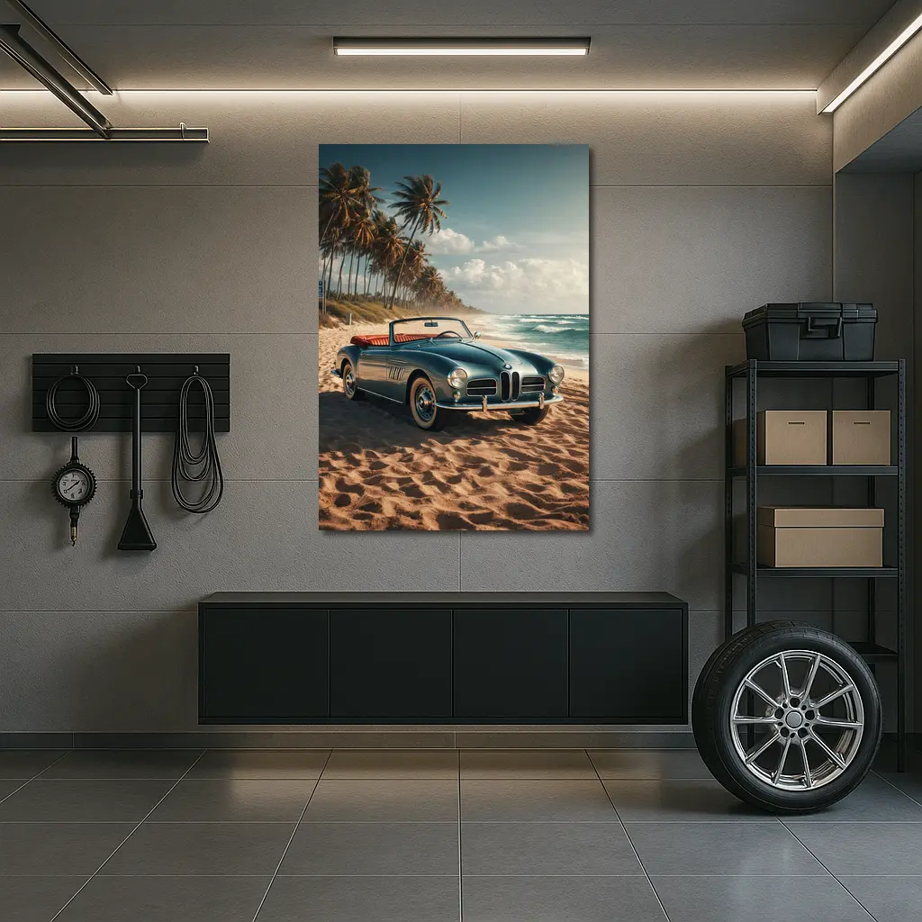 Vintage BMW Convertible Parked On Sandy Beach – Wall Art