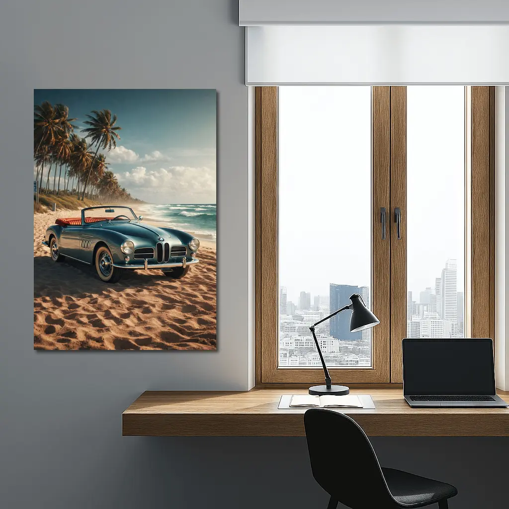 Vintage BMW Convertible Parked On Sandy Beach – Wall Art