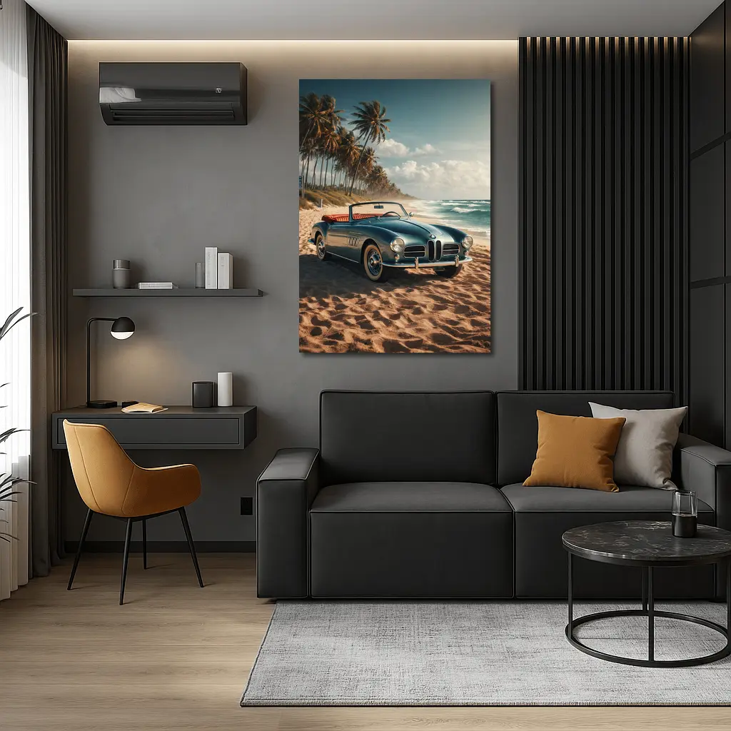 Vintage BMW Convertible Parked On Sandy Beach – Wall Art