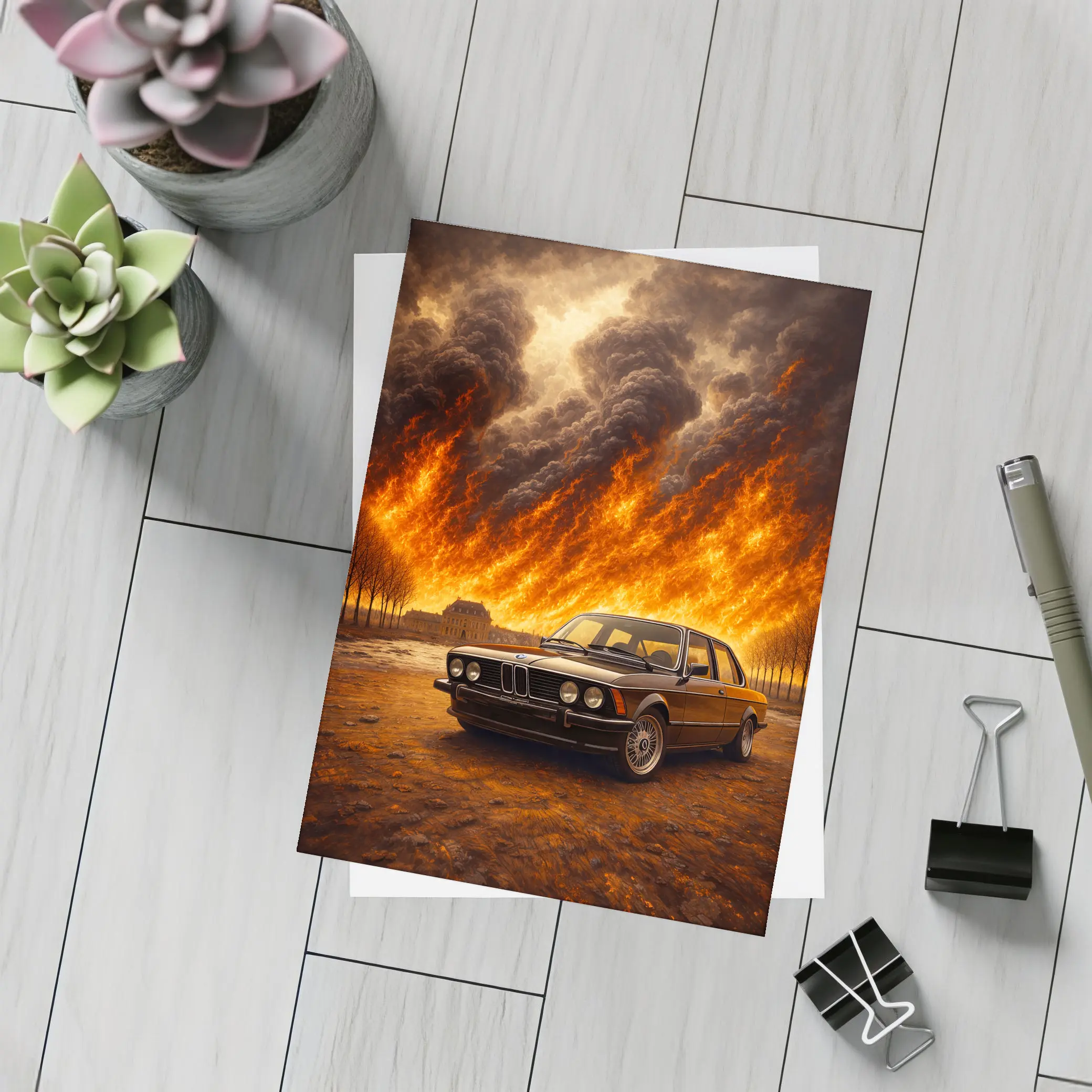 BMW E21 3 Series Massive Fire Background – Postcards