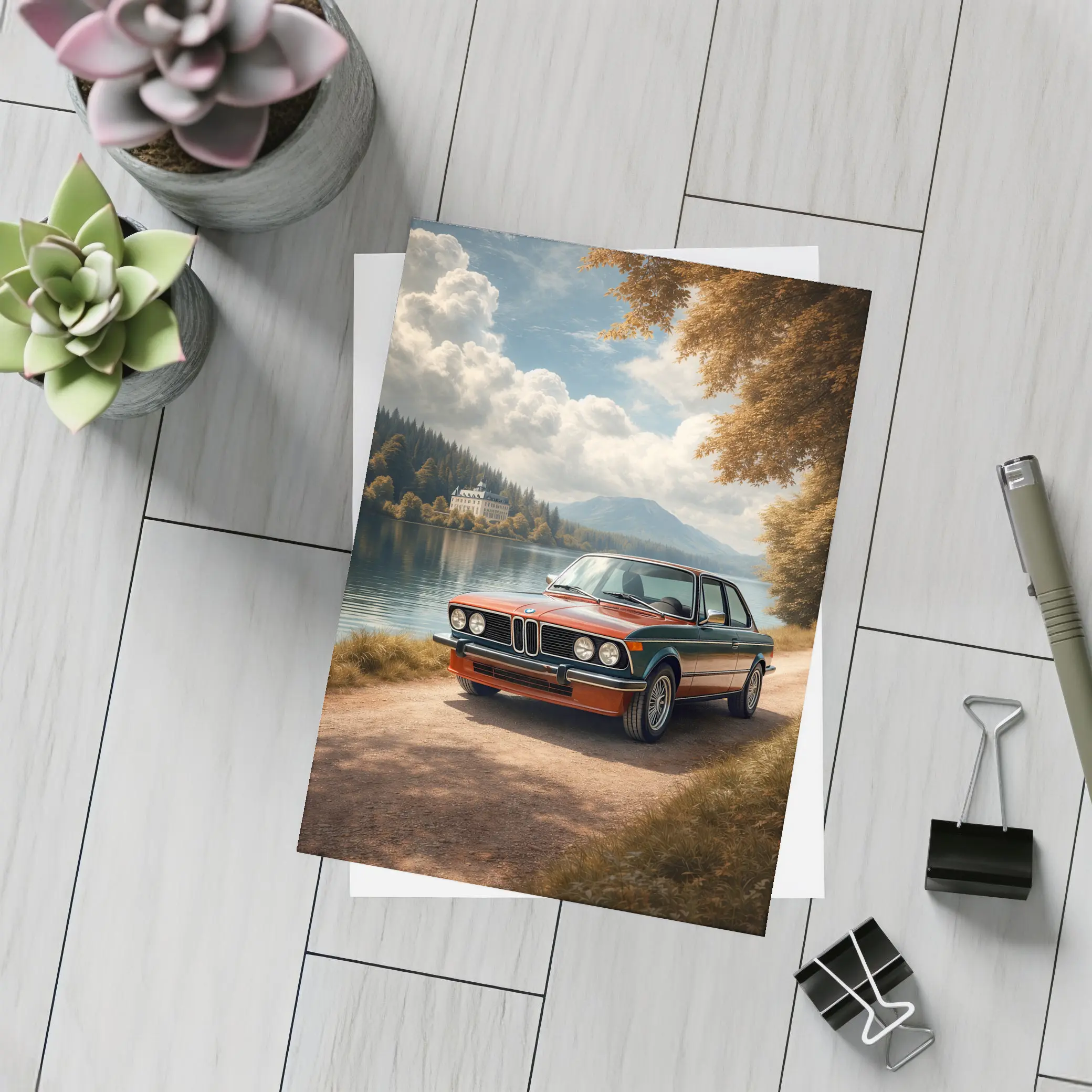 Vintage BMW E21 Parked By Lakeside – Postcards